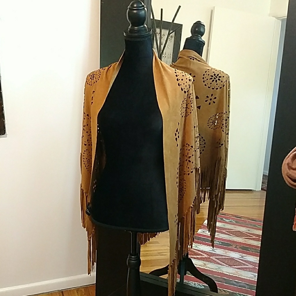 Shawl faux suede fringe tan leather like
