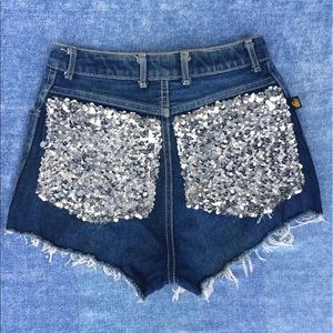 Vintage Sequin Pocket High Waisted Denim Shorts