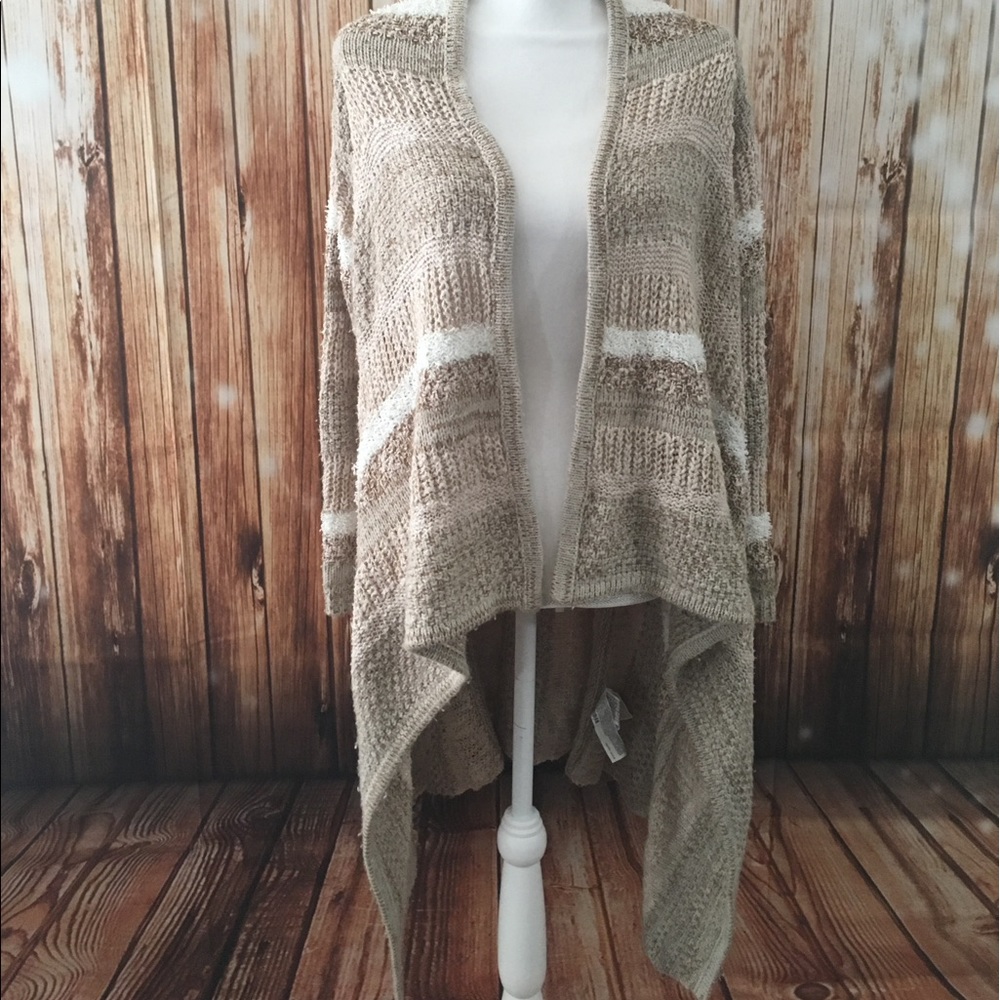 4 FOR $10 LONG TAN AND WHITE CARDIGAN JUNIOR SMALL