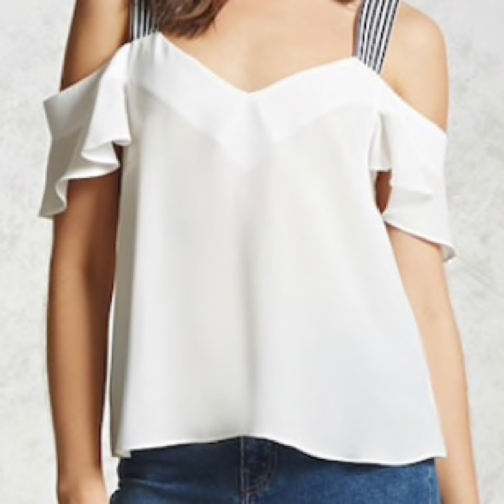 Open shoulder, striped straps top white & black