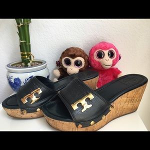 Tory Burch dark blue leather wedges