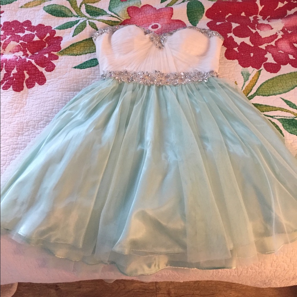Short mint and white strapless bedazzled dress!!