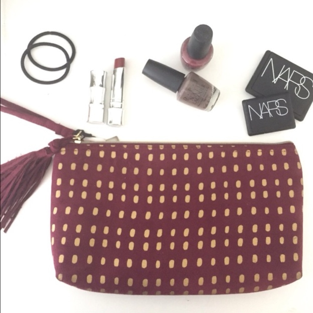 Wine Red + Metallic Gold Printed Makeup Bag