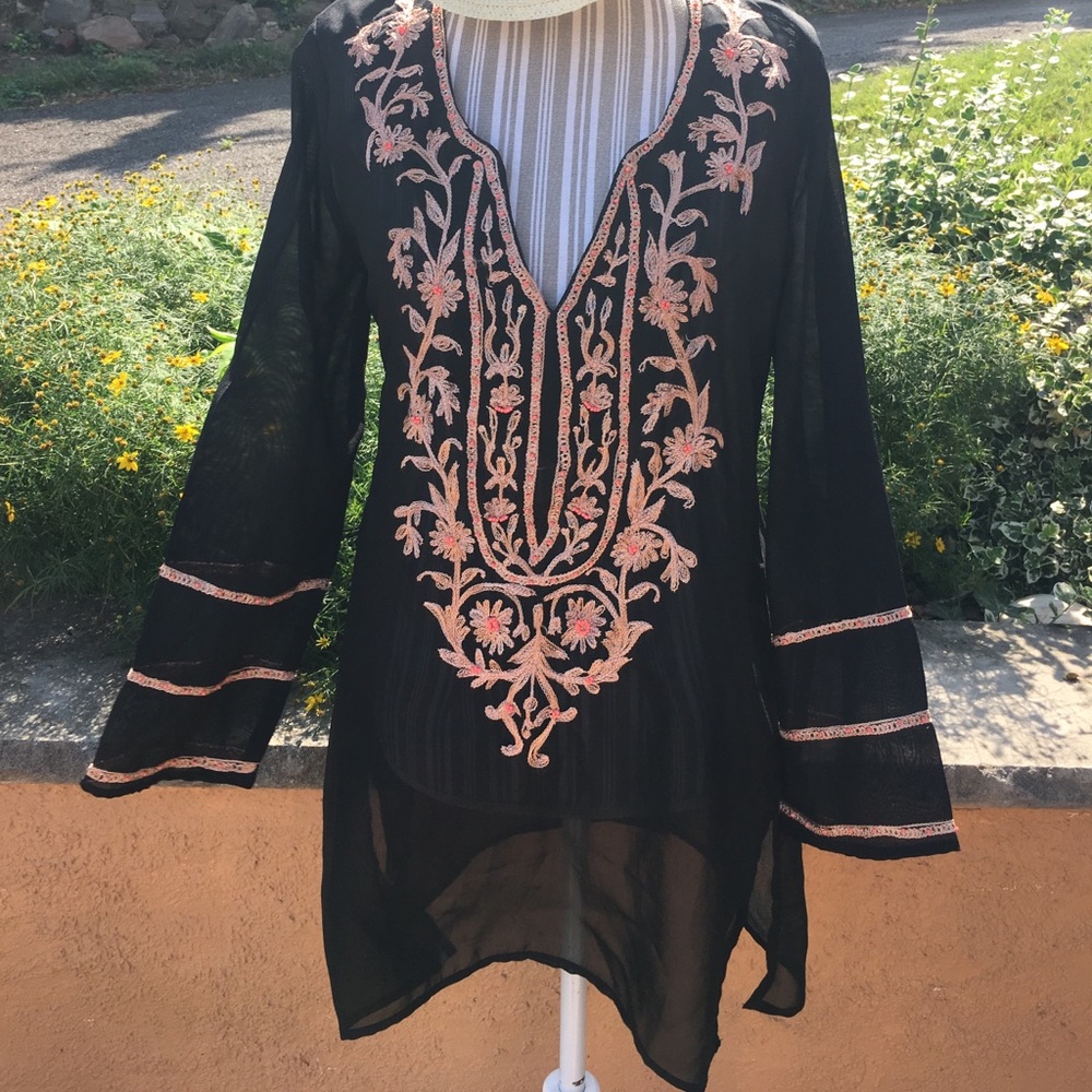 Beach Coverup EUC black with peach embroidery