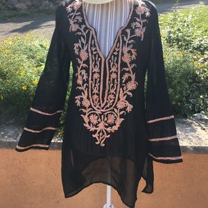 Beach Coverup EUC black with peach embroidery