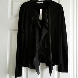 August silk black pretty ruffle zip up top size la