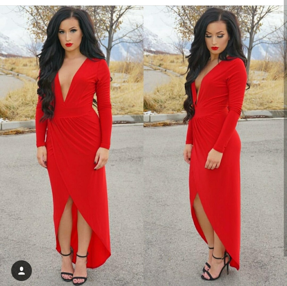 Red low cut wrap dress