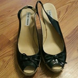 Black patent leather wedges