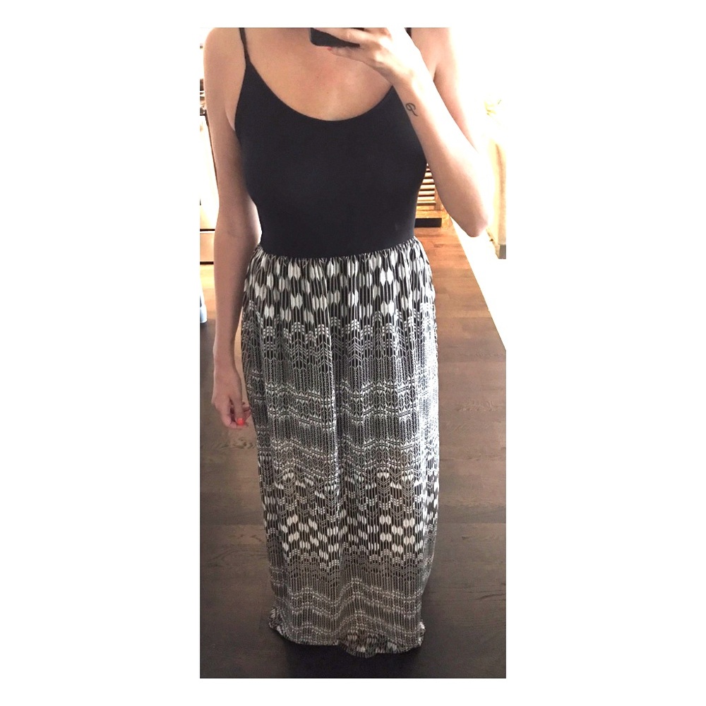 Black with gold/white print maxi