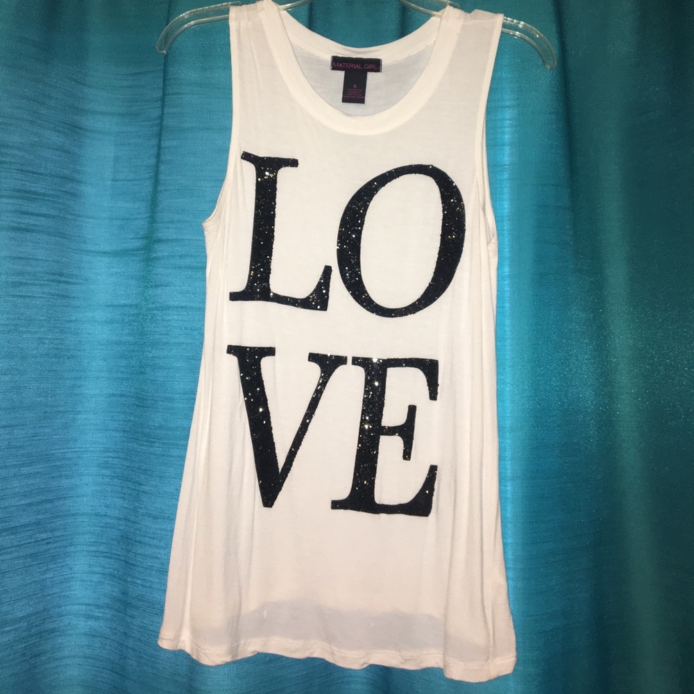 White top with black sparkly letters spelling love