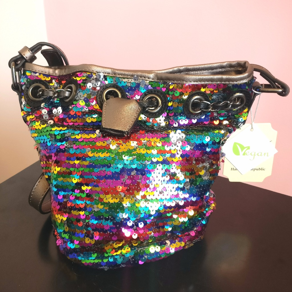 Rainbow Sequin Vegan Leather Bucket Bag - Picture 2 of 8