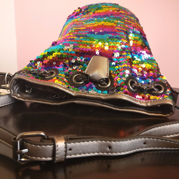 Rainbow Sequin Vegan Leather Bucket Bag - Picture 5 of 8