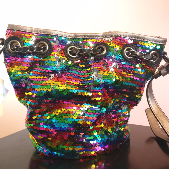 Rainbow Sequin Vegan Leather Bucket Bag - Picture 3 of 8