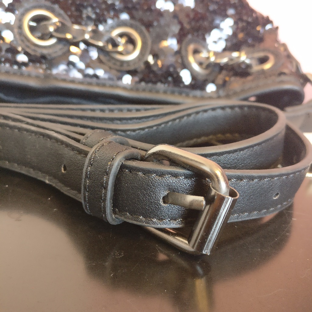 Black Sequin Vegan Leather Bucket Bag - Picture 5 of 8
