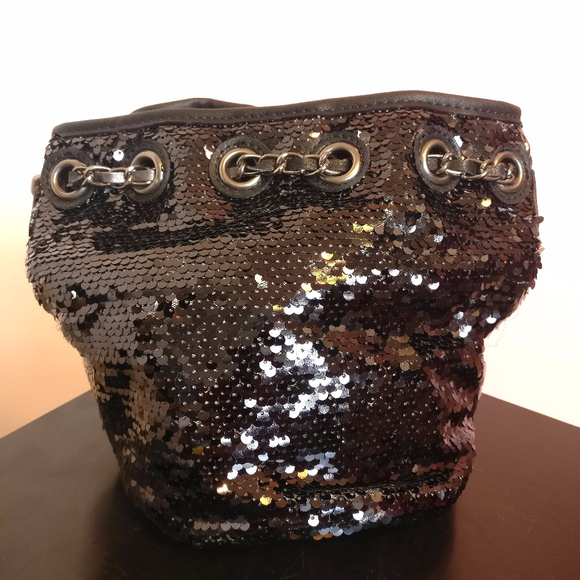 Black Sequin Vegan Leather Bucket Bag - Picture 3 of 8