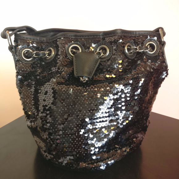 Black Sequin Vegan Leather Bucket Bag - Picture 2 of 8