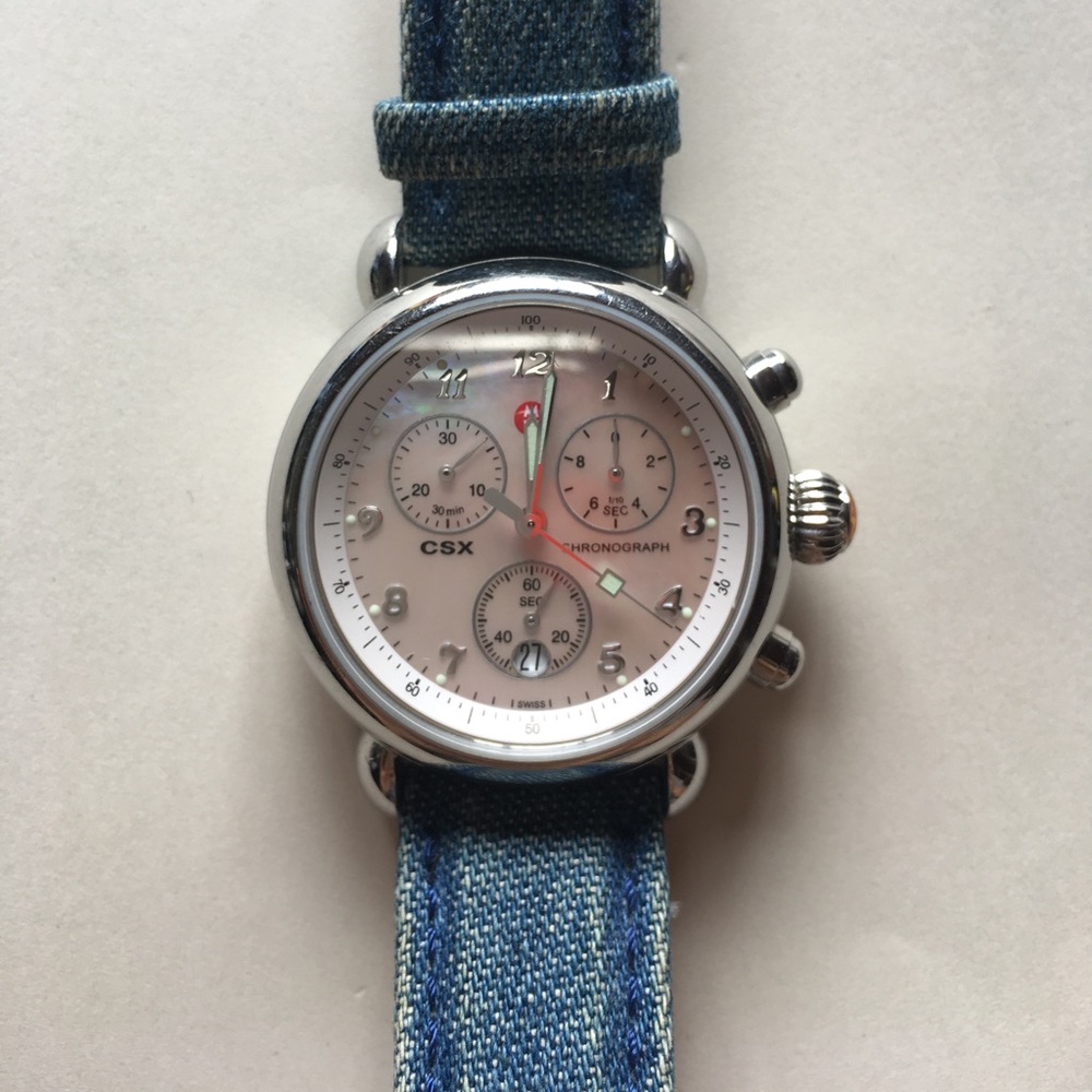 Stunning Round Face Michele Watch w/ Denim Strap
