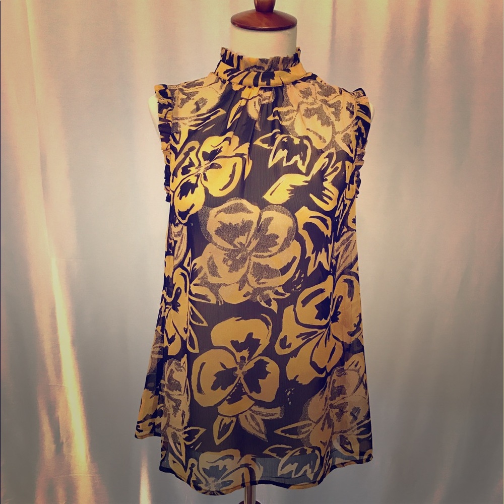 Dijon floral print sleeveless ruffle trim blouse