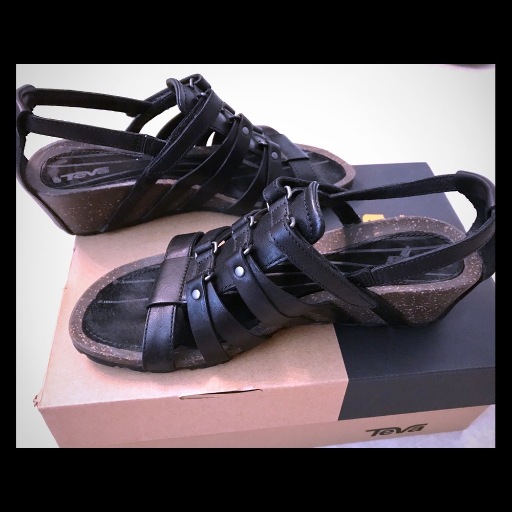 TEVA Cabrillo Wedge Leather Sandal Sz 9.5 Black
