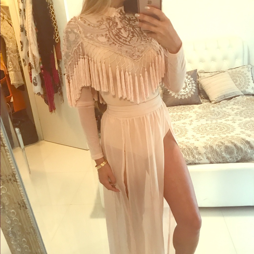 Fringe and sequin blush body suit top small