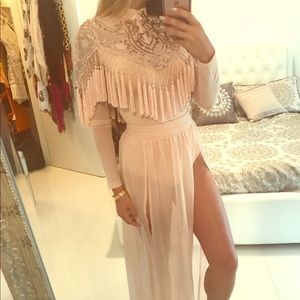 Fringe and sequin blush body suit top small
