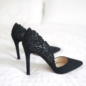 Jessica Simpson Cassel Black Suede Laser Cut Heels