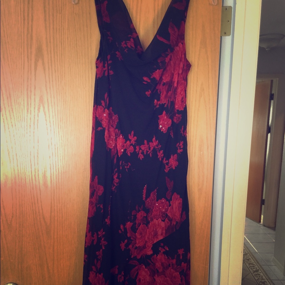 Black and red beaded evening dress.