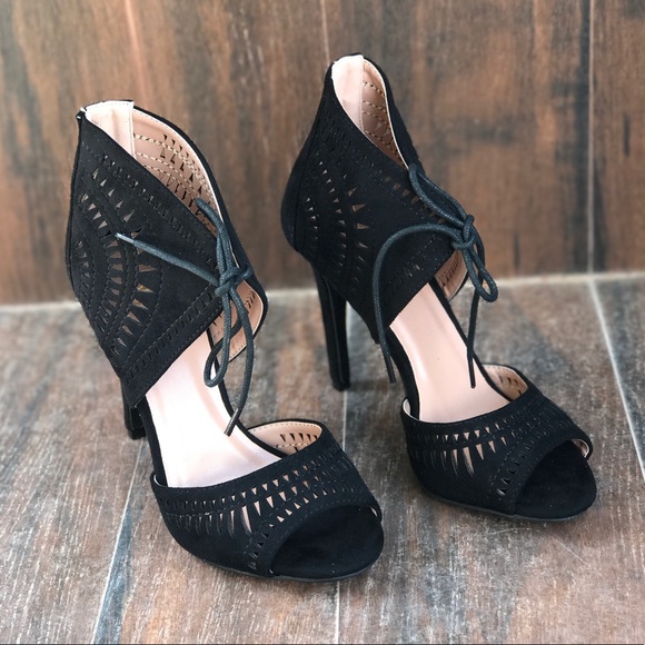 Black Perforated Gladiator Peep Toe Heel Sandals - Picture 3 of 7