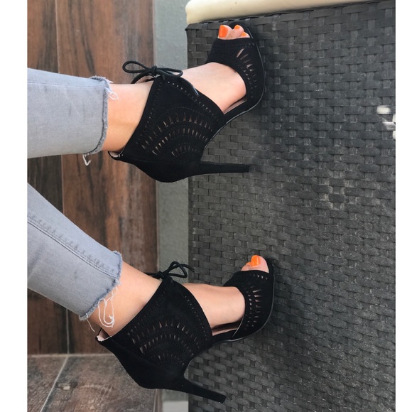 Black Perforated Gladiator Peep Toe Heel Sandals - Picture 2 of 7