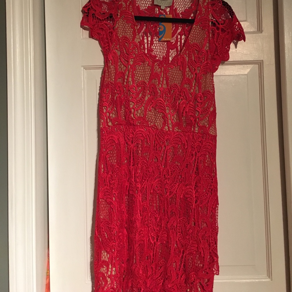Beautiful red lace dress, lined in beige.