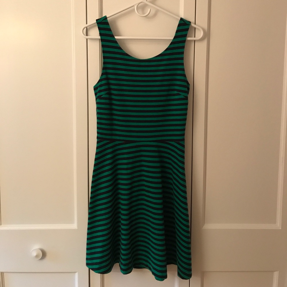 Green and Navy Striped A-Line Dress