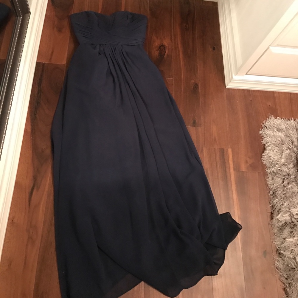 David's bridal strapless navy gown
