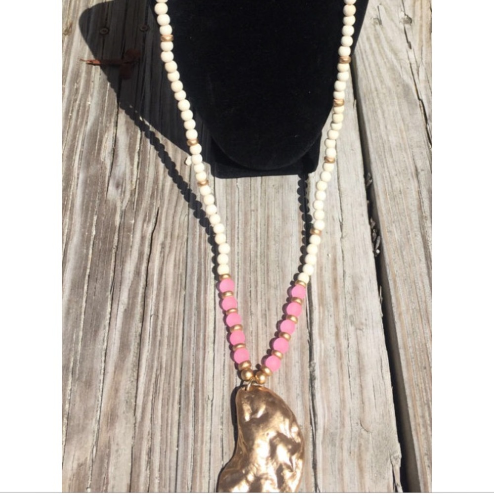 Pink sea glass beaded necklace with oyster shell