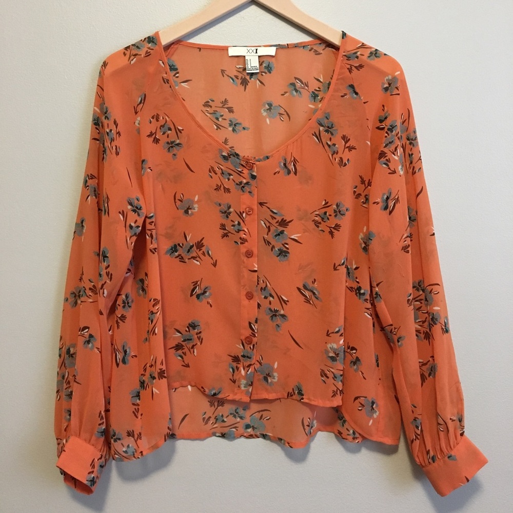 Coral, floral blouse. XXI