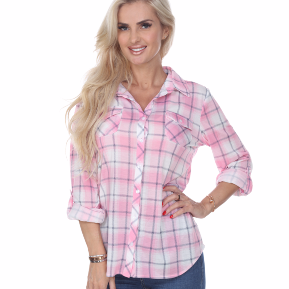 Flannel Plaid Button Shirt Pink & White 17555-03 - Picture 2 of 8