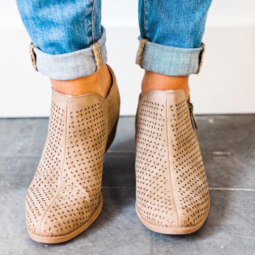Laser cut taupe bootie. - Picture 2 of 5
