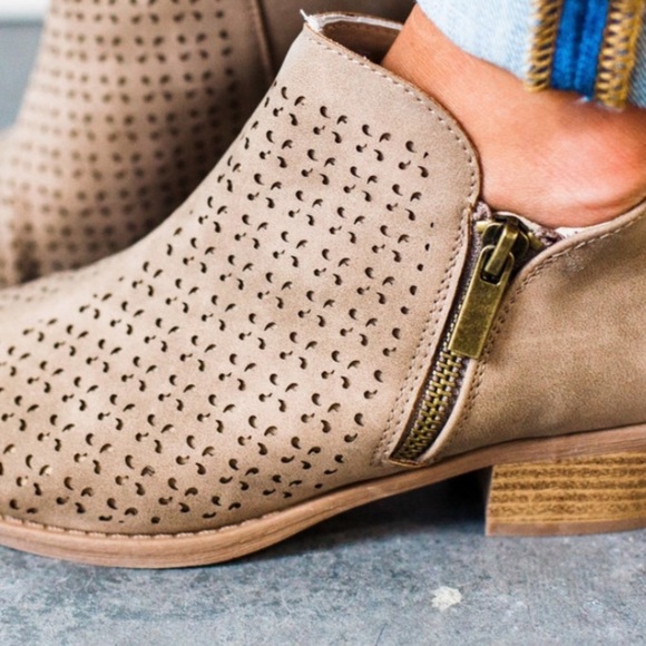 Laser cut taupe bootie. - Picture 3 of 5