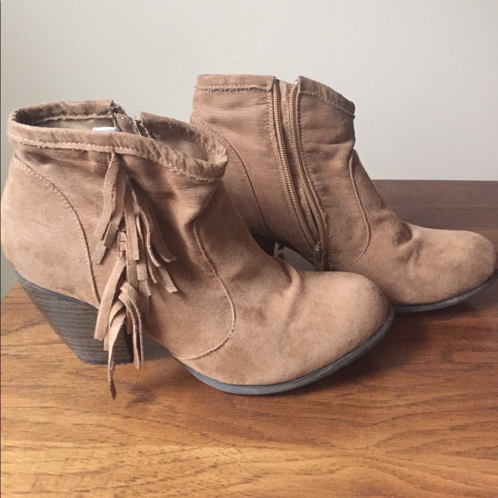 Tan suede tassel booties