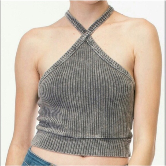 April Spirit Criss Cross Crop Top, Gray - Picture 2 of 4