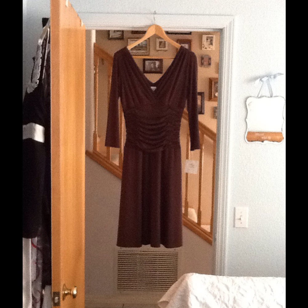 Chocolate brown dress with a roughing waist.