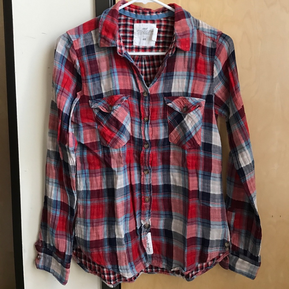 Super comfy plaid shirt, H&M, red, white, & blue