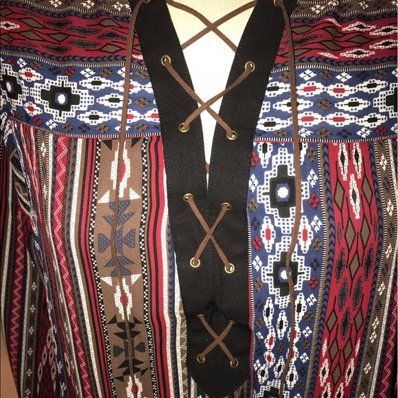 Burgundy tribal print lace up long sleeve top. - Picture 2 of 4
