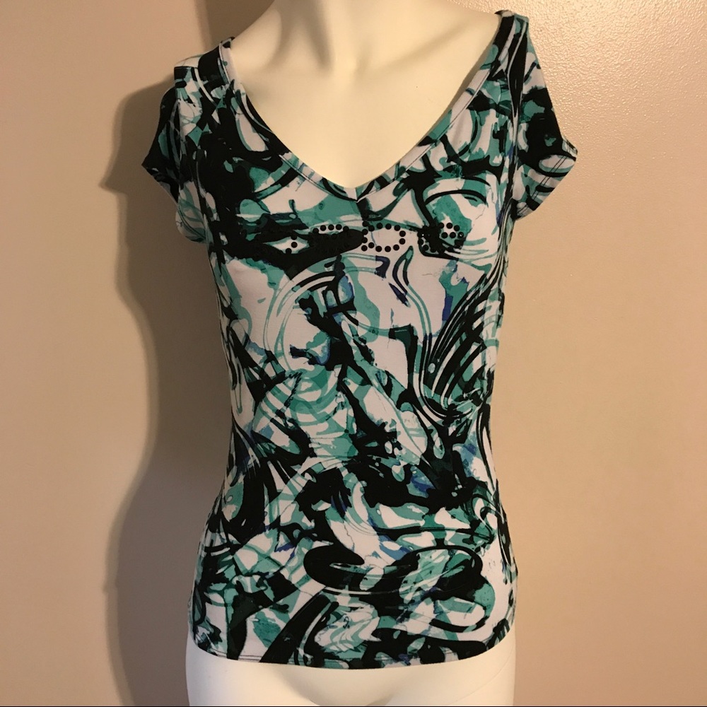 Bebe abstract patterned top with rhinestones