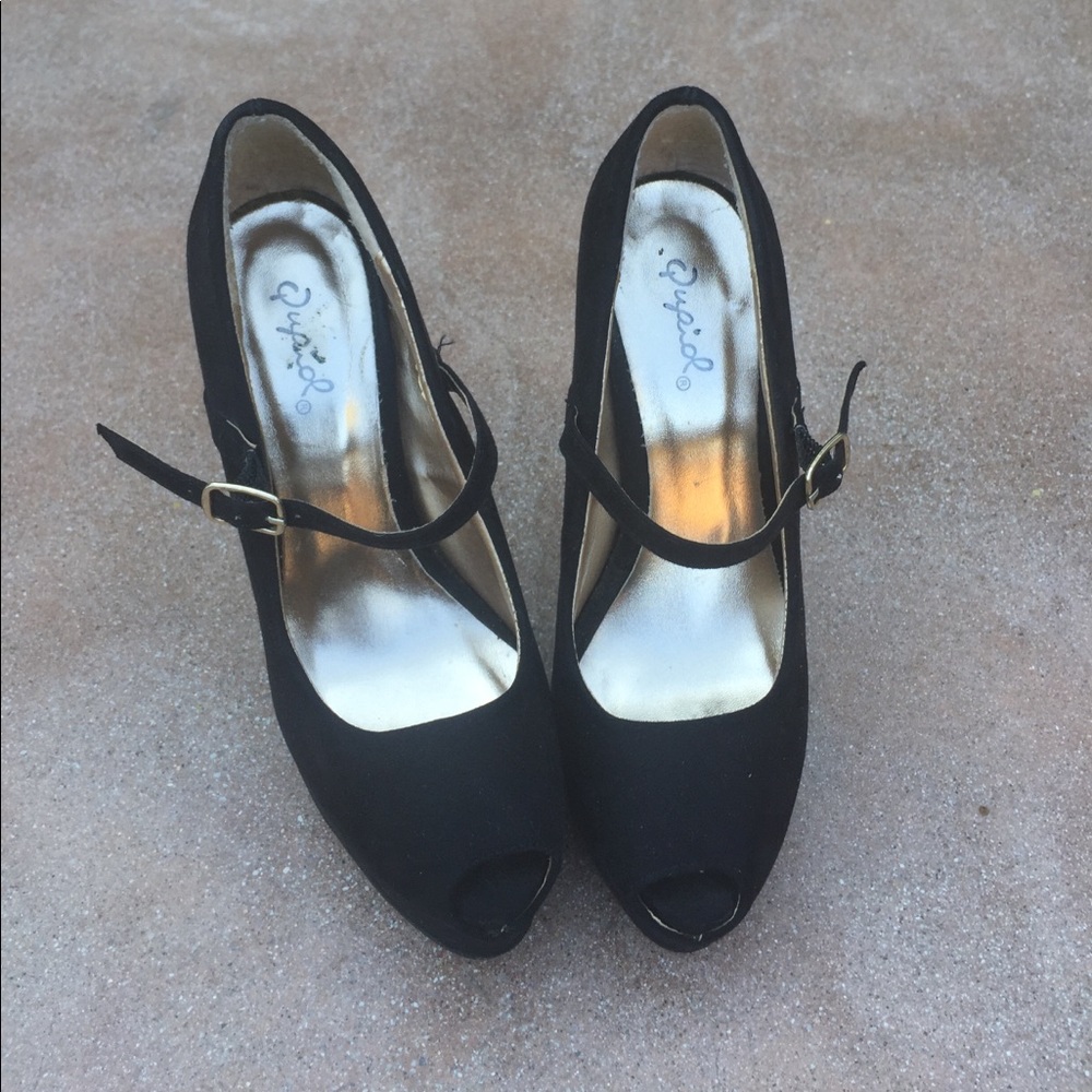 Black Suede Peep Toe Stilettos