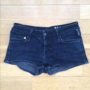Low rise dark washed jean shorts