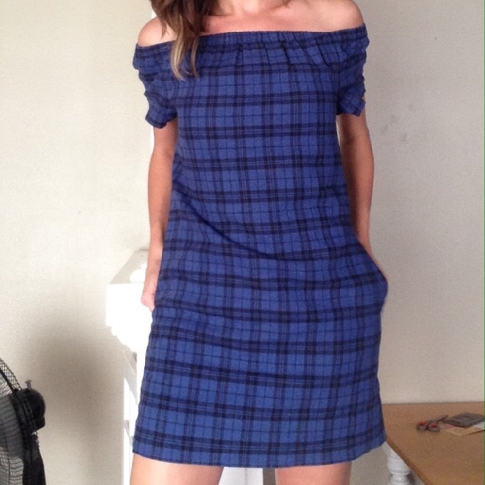 Madewell Blue plaid off the shoulder dress NWOT
