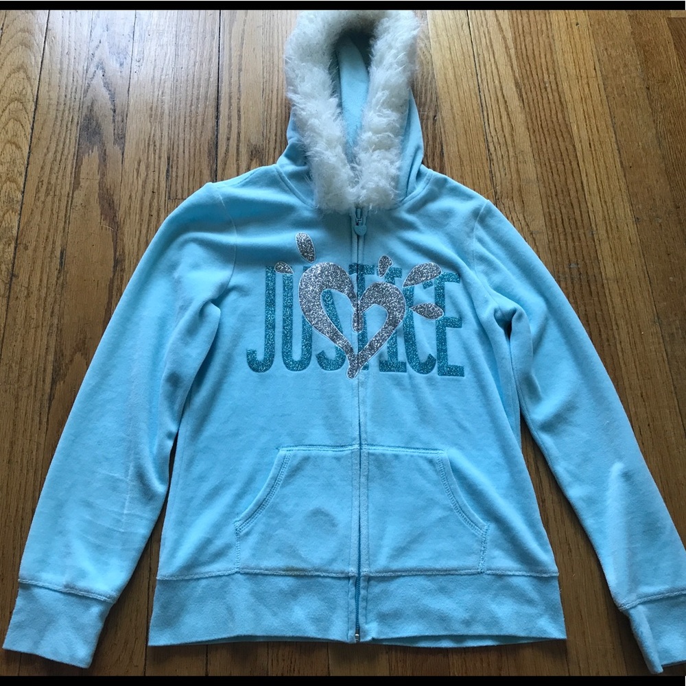 Blue justice sweatshirt with a fur hoodie