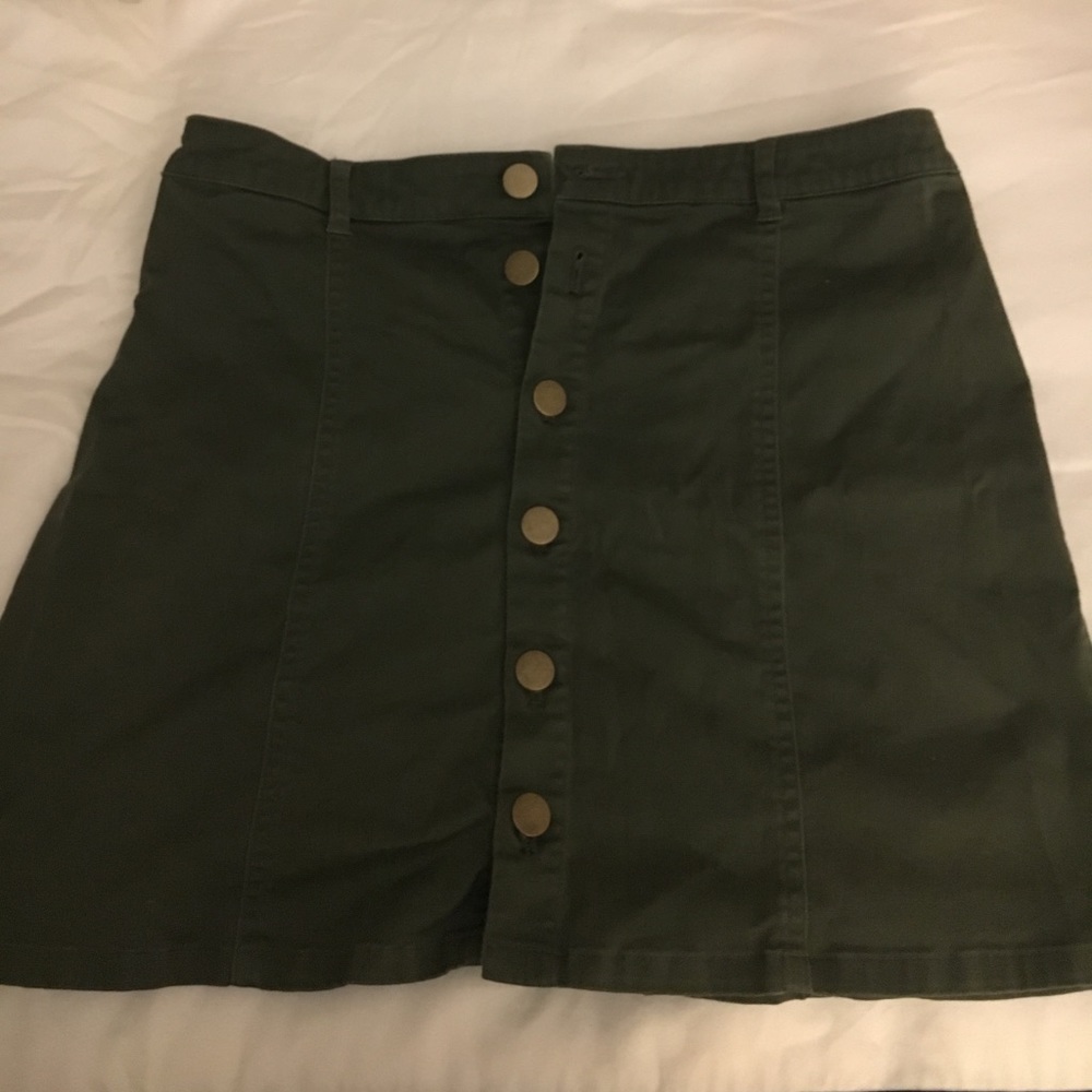 army green button down skirt