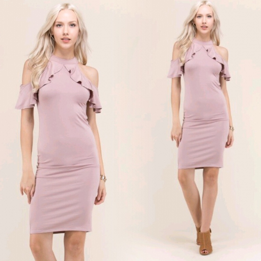 "Carrie" ll Dusty Mauve Cold-Shoulder Ruffle Dress