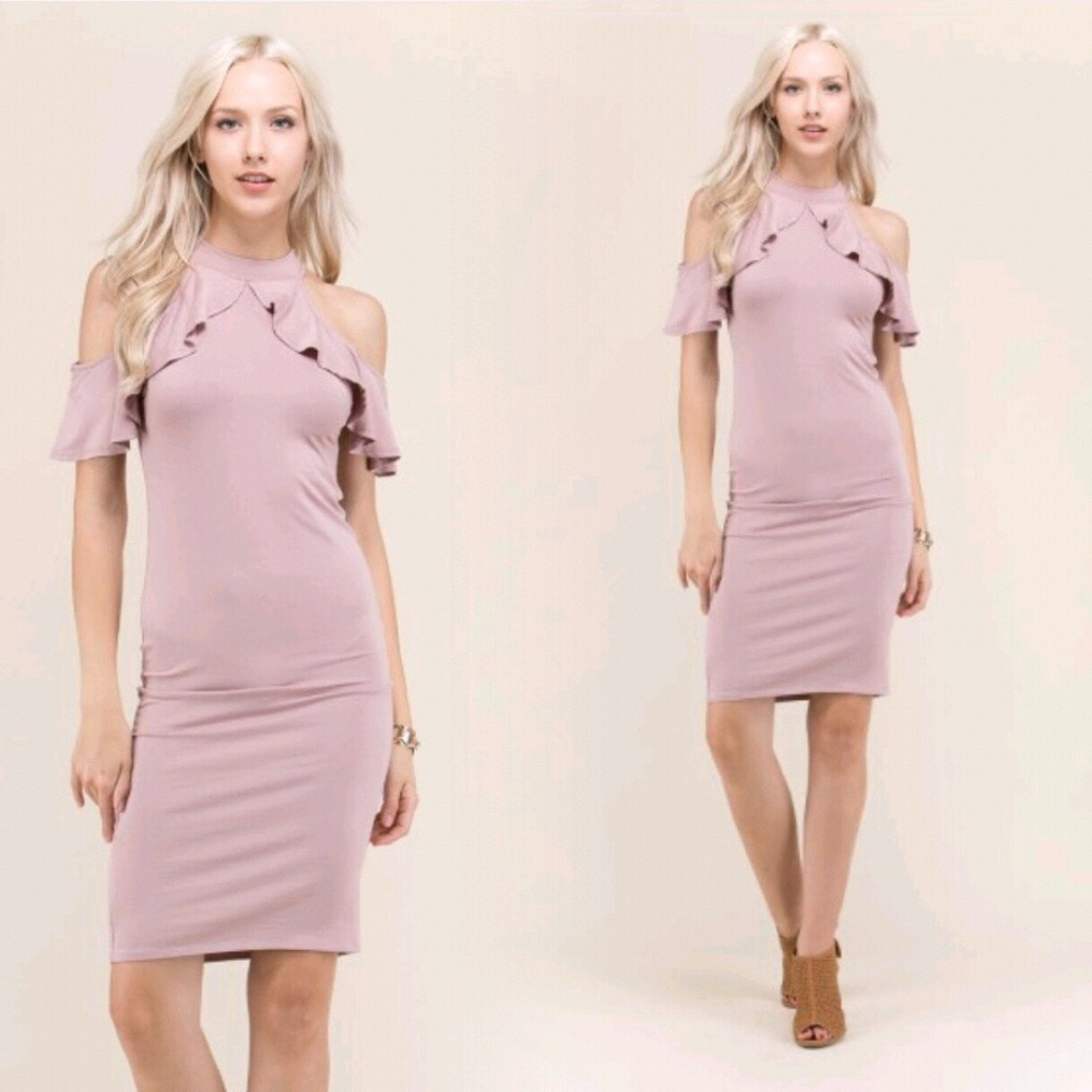 "Carrie" ll Dusty Mauve Cold-Shoulder Ruffle Dress - Picture 2 of 5